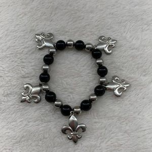 Vintage New Orleans Fleur-de-lis Charms on Black & Silver Bead Stretch Bracelet